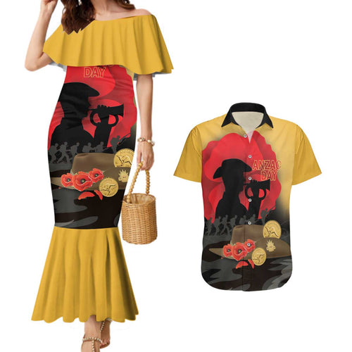 Australia Two-up Pennies ANZAC Day Couples Matching Mermaid Dress and Hawaiian Shirt Slouch Hat Last Post With Poppy