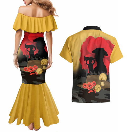 Australia Two-up Pennies ANZAC Day Couples Matching Mermaid Dress and Hawaiian Shirt Slouch Hat Last Post With Poppy