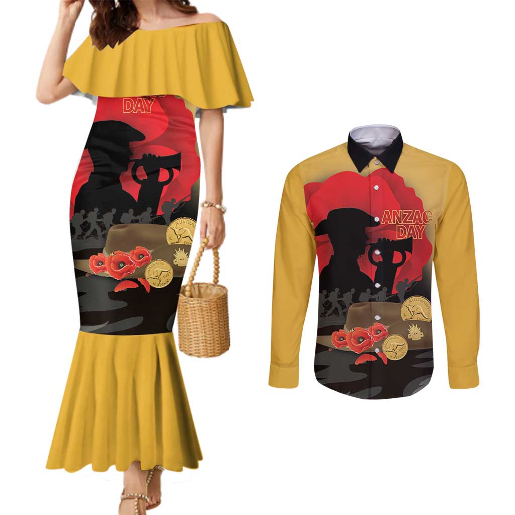 Australia Two-up Pennies ANZAC Day Couples Matching Mermaid Dress and Long Sleeve Button Shirt Slouch Hat Last Post With Poppy