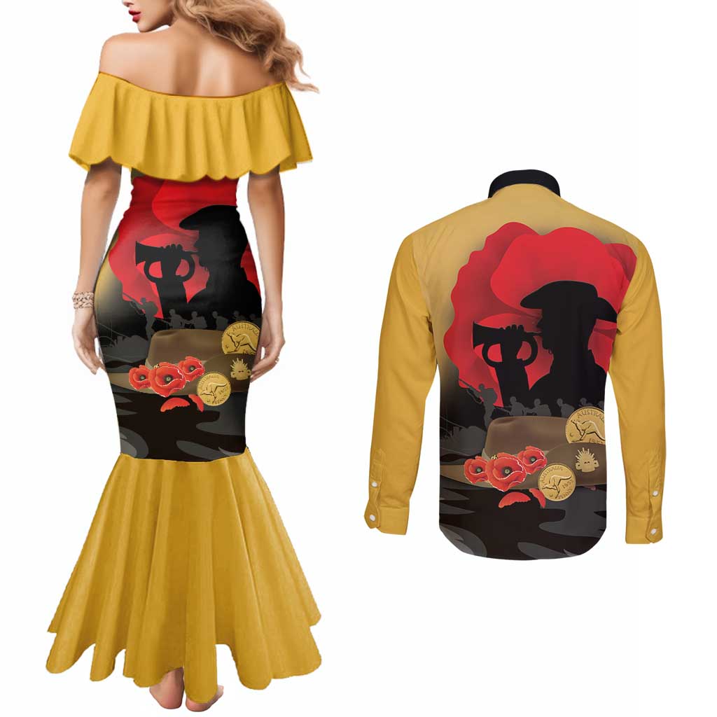 Australia Two-up Pennies ANZAC Day Couples Matching Mermaid Dress and Long Sleeve Button Shirt Slouch Hat Last Post With Poppy