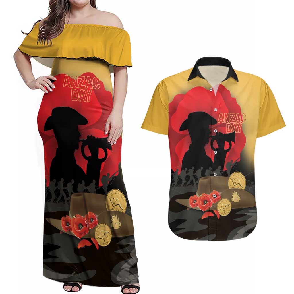 Australia Two-up Pennies ANZAC Day Couples Matching Off Shoulder Maxi Dress and Hawaiian Shirt Slouch Hat Last Post With Poppy