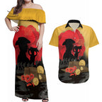 Australia Two-up Pennies ANZAC Day Couples Matching Off Shoulder Maxi Dress and Hawaiian Shirt Slouch Hat Last Post With Poppy