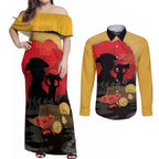 Australia Two-up Pennies ANZAC Day Couples Matching Off Shoulder Maxi Dress and Long Sleeve Button Shirt Slouch Hat Last Post With Poppy