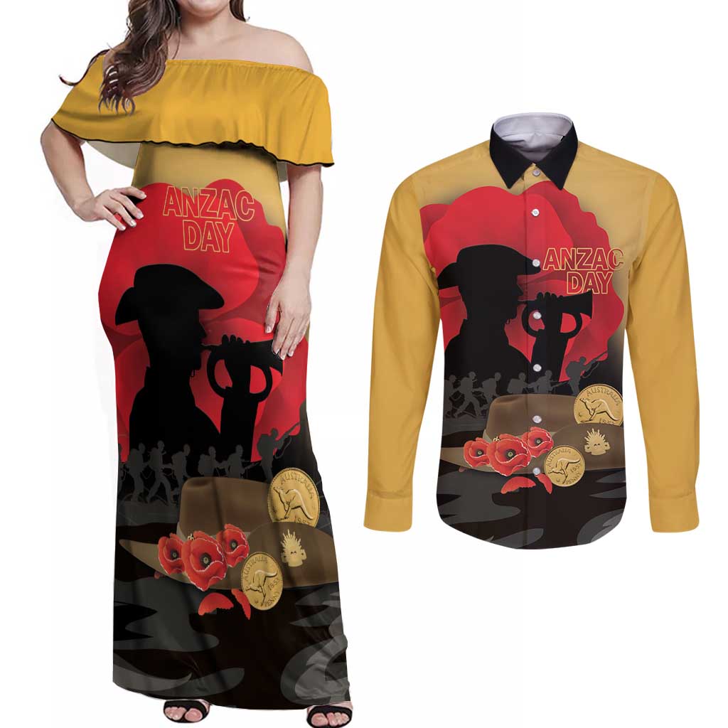 Australia Two-up Pennies ANZAC Day Couples Matching Off Shoulder Maxi Dress and Long Sleeve Button Shirt Slouch Hat Last Post With Poppy