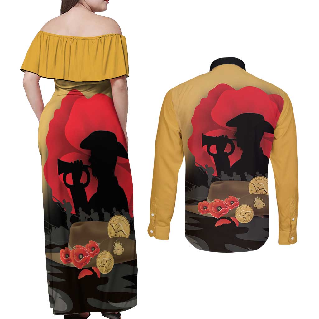 Australia Two-up Pennies ANZAC Day Couples Matching Off Shoulder Maxi Dress and Long Sleeve Button Shirt Slouch Hat Last Post With Poppy