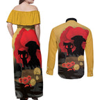 Australia Two-up Pennies ANZAC Day Couples Matching Off Shoulder Maxi Dress and Long Sleeve Button Shirt Slouch Hat Last Post With Poppy