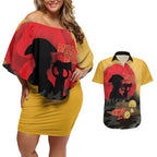 Australia Two-up Pennies ANZAC Day Couples Matching Off Shoulder Short Dress and Hawaiian Shirt Slouch Hat Last Post With Poppy