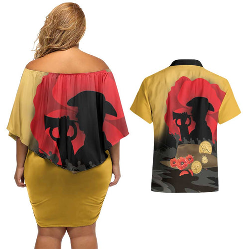 Australia Two-up Pennies ANZAC Day Couples Matching Off Shoulder Short Dress and Hawaiian Shirt Slouch Hat Last Post With Poppy