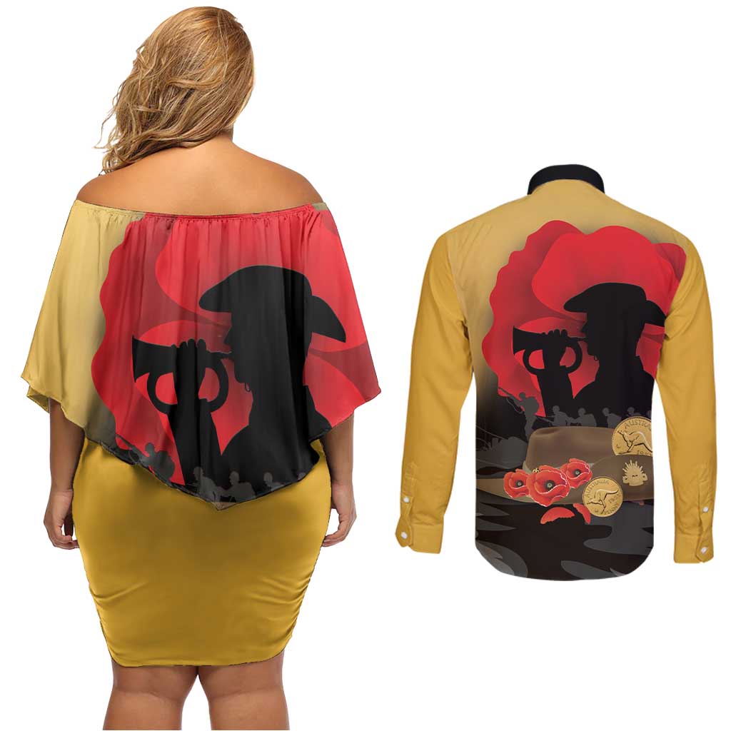 Australia Two-up Pennies ANZAC Day Couples Matching Off Shoulder Short Dress and Long Sleeve Button Shirt Slouch Hat Last Post With Poppy
