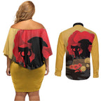 Australia Two-up Pennies ANZAC Day Couples Matching Off Shoulder Short Dress and Long Sleeve Button Shirt Slouch Hat Last Post With Poppy