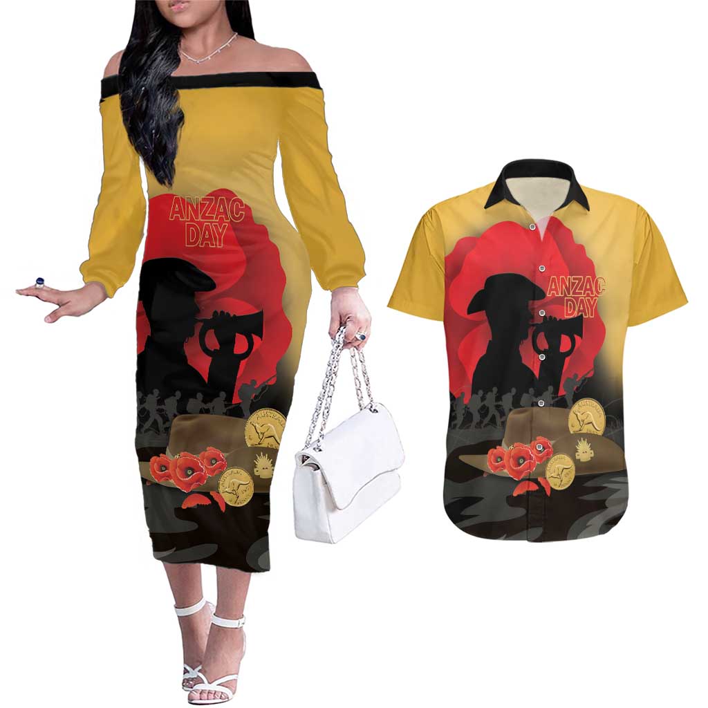 Australia Two-up Pennies ANZAC Day Couples Matching Off The Shoulder Long Sleeve Dress and Hawaiian Shirt Slouch Hat Last Post With Poppy