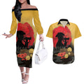 Australia Two-up Pennies ANZAC Day Couples Matching Off The Shoulder Long Sleeve Dress and Hawaiian Shirt Slouch Hat Last Post With Poppy