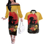Australia Two-up Pennies ANZAC Day Couples Matching Off The Shoulder Long Sleeve Dress and Hawaiian Shirt Slouch Hat Last Post With Poppy