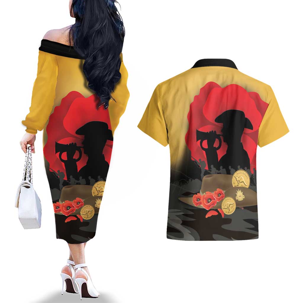 Australia Two-up Pennies ANZAC Day Couples Matching Off The Shoulder Long Sleeve Dress and Hawaiian Shirt Slouch Hat Last Post With Poppy