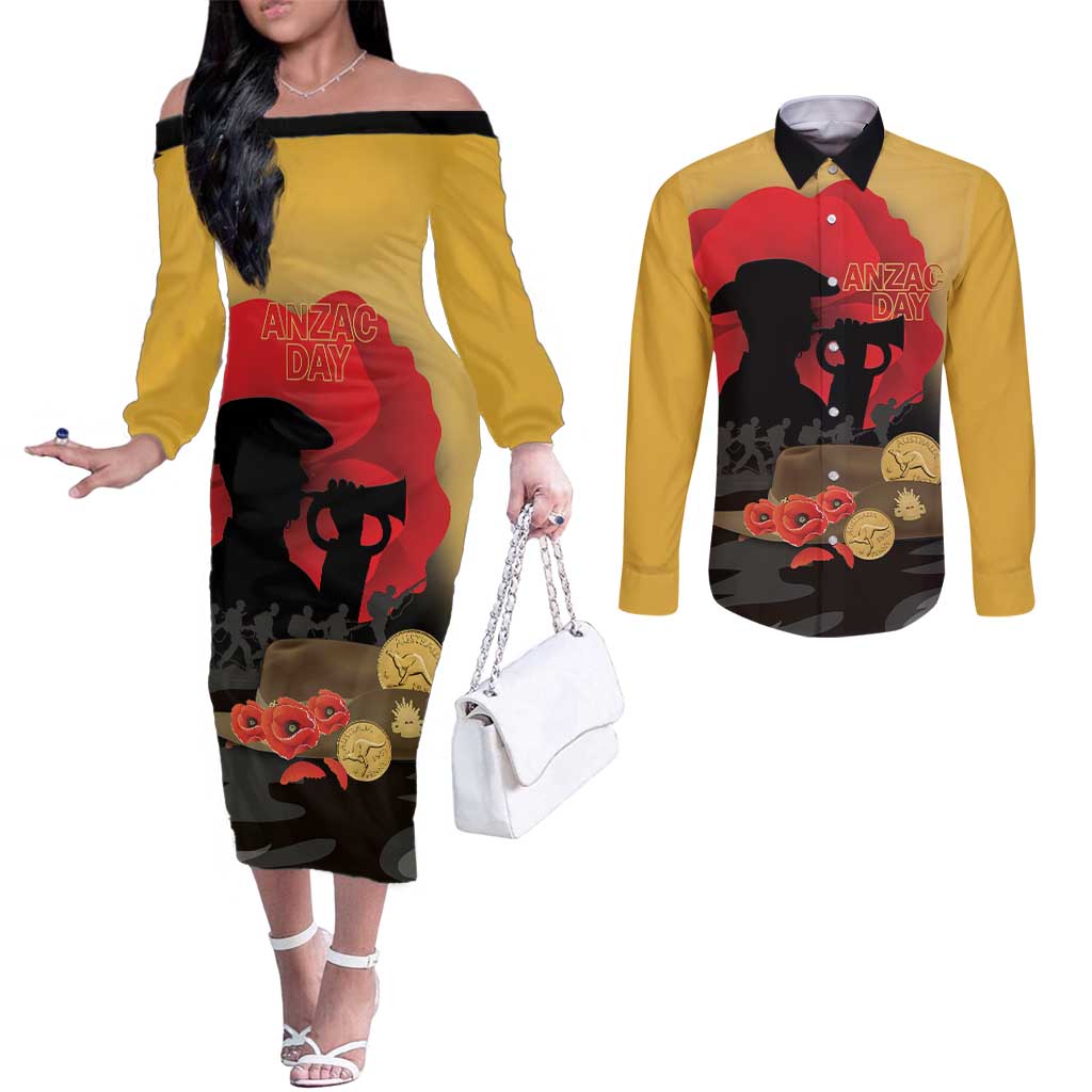 Australia Two-up Pennies ANZAC Day Couples Matching Off The Shoulder Long Sleeve Dress and Long Sleeve Button Shirt Slouch Hat Last Post With Poppy
