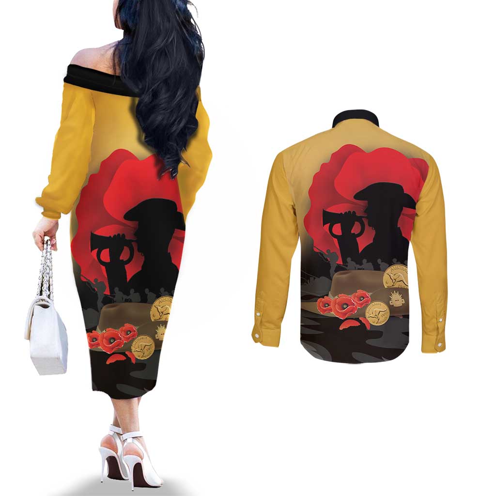 Australia Two-up Pennies ANZAC Day Couples Matching Off The Shoulder Long Sleeve Dress and Long Sleeve Button Shirt Slouch Hat Last Post With Poppy