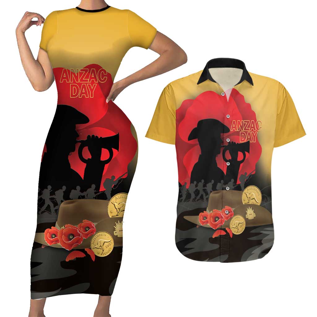 Australia Two-up Pennies ANZAC Day Couples Matching Short Sleeve Bodycon Dress and Hawaiian Shirt Slouch Hat Last Post With Poppy