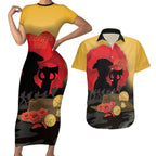 Australia Two-up Pennies ANZAC Day Couples Matching Short Sleeve Bodycon Dress and Hawaiian Shirt Slouch Hat Last Post With Poppy