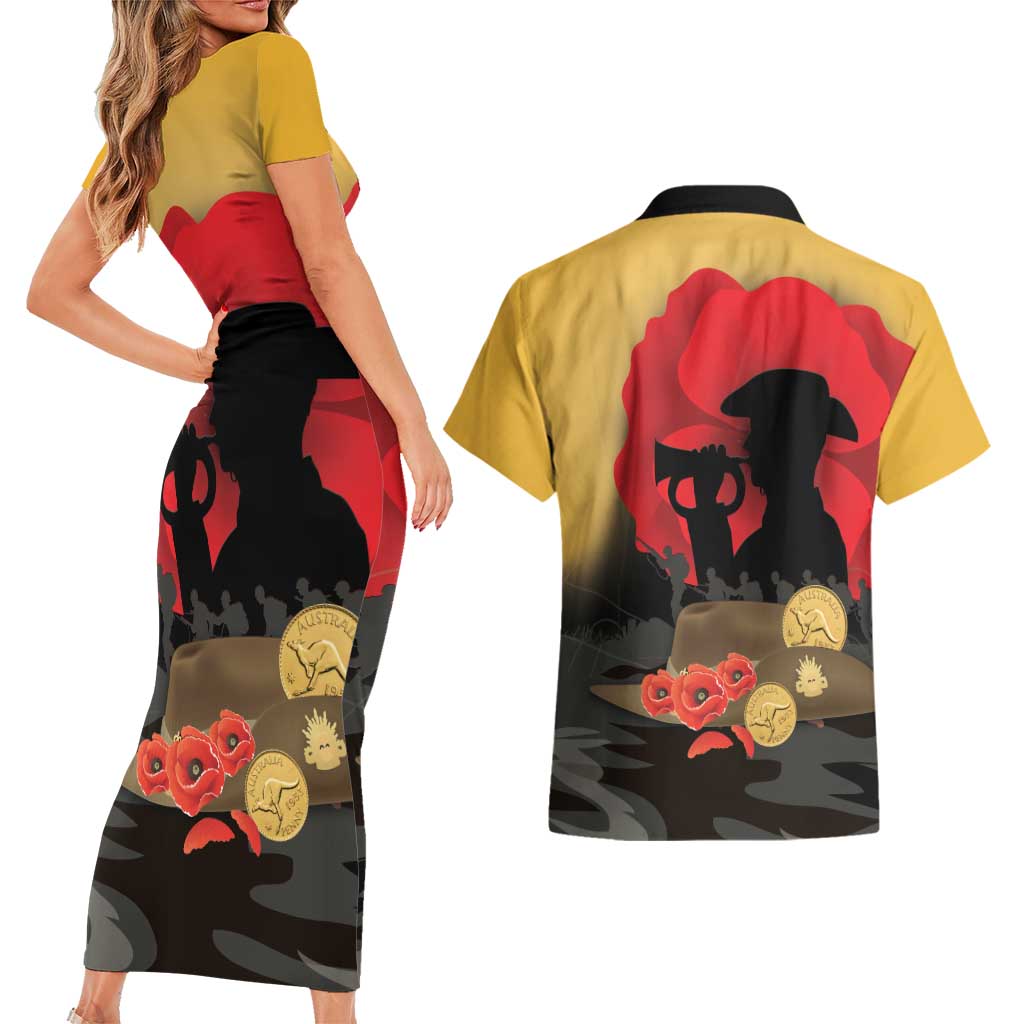 Australia Two-up Pennies ANZAC Day Couples Matching Short Sleeve Bodycon Dress and Hawaiian Shirt Slouch Hat Last Post With Poppy