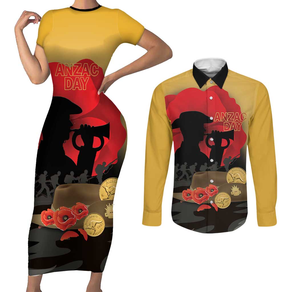 Australia Two-up Pennies ANZAC Day Couples Matching Short Sleeve Bodycon Dress and Long Sleeve Button Shirt Slouch Hat Last Post With Poppy