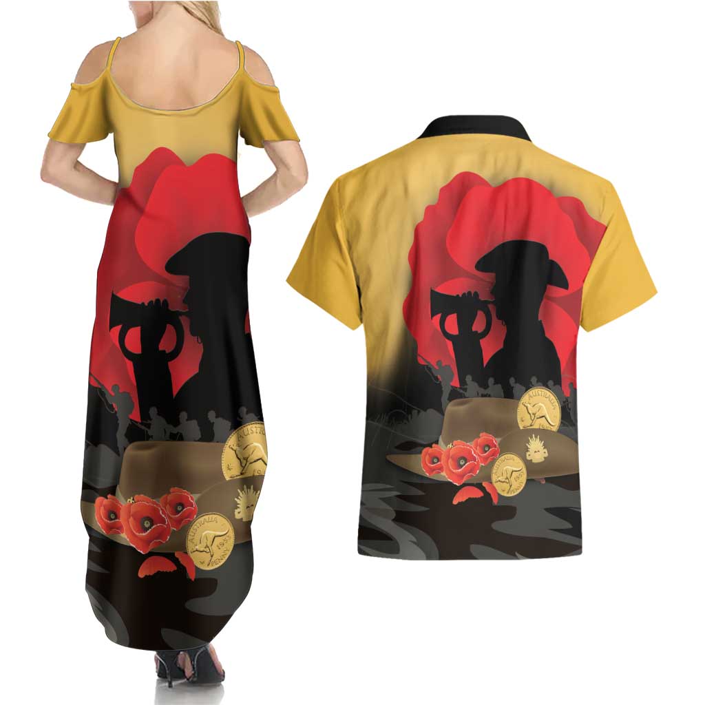Australia Two-up Pennies ANZAC Day Couples Matching Summer Maxi Dress and Hawaiian Shirt Slouch Hat Last Post With Poppy