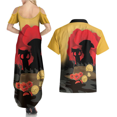 Australia Two-up Pennies ANZAC Day Couples Matching Summer Maxi Dress and Hawaiian Shirt Slouch Hat Last Post With Poppy