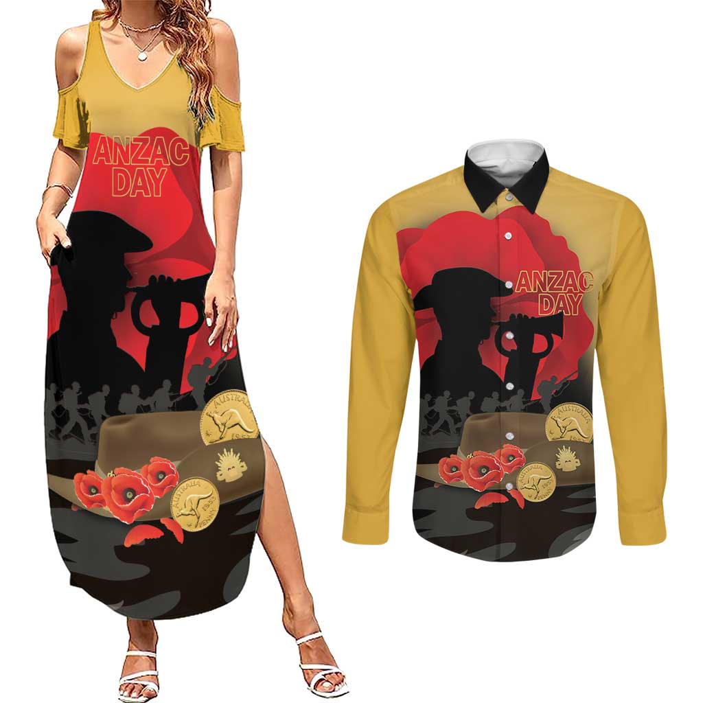 Australia Two-up Pennies ANZAC Day Couples Matching Summer Maxi Dress and Long Sleeve Button Shirt Slouch Hat Last Post With Poppy
