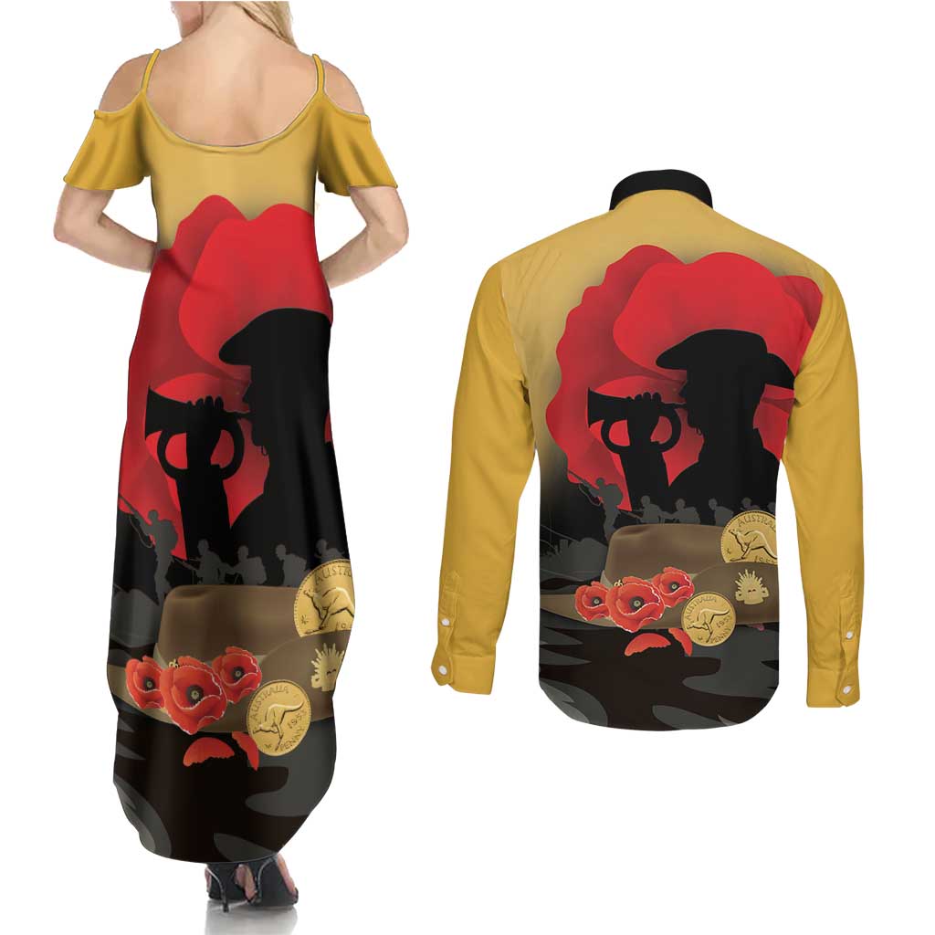 Australia Two-up Pennies ANZAC Day Couples Matching Summer Maxi Dress and Long Sleeve Button Shirt Slouch Hat Last Post With Poppy