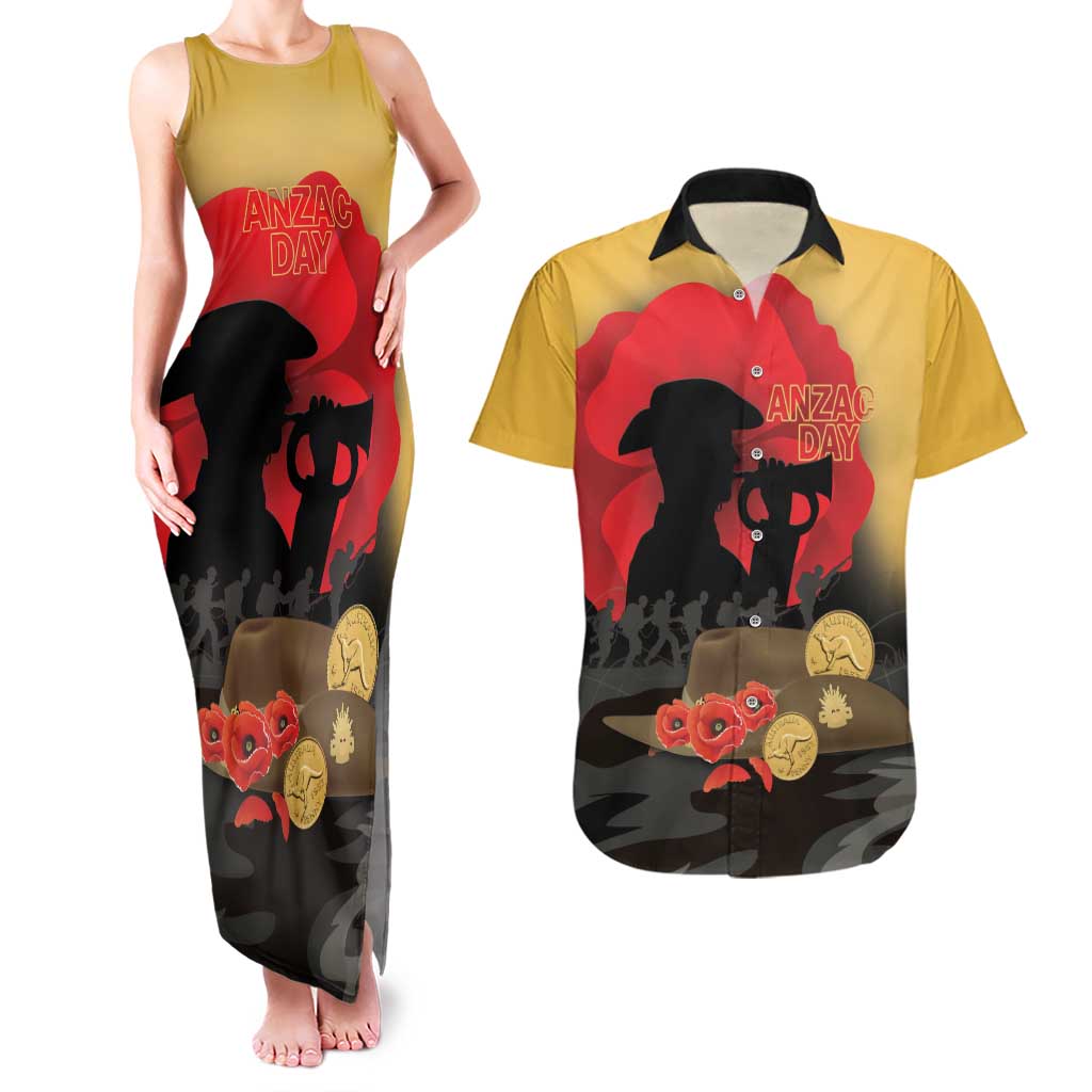 Australia Two-up Pennies ANZAC Day Couples Matching Tank Maxi Dress and Hawaiian Shirt Slouch Hat Last Post With Poppy