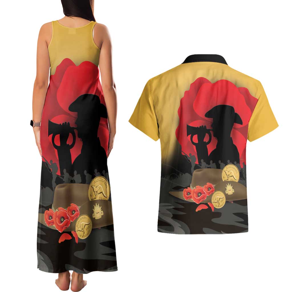 Australia Two-up Pennies ANZAC Day Couples Matching Tank Maxi Dress and Hawaiian Shirt Slouch Hat Last Post With Poppy