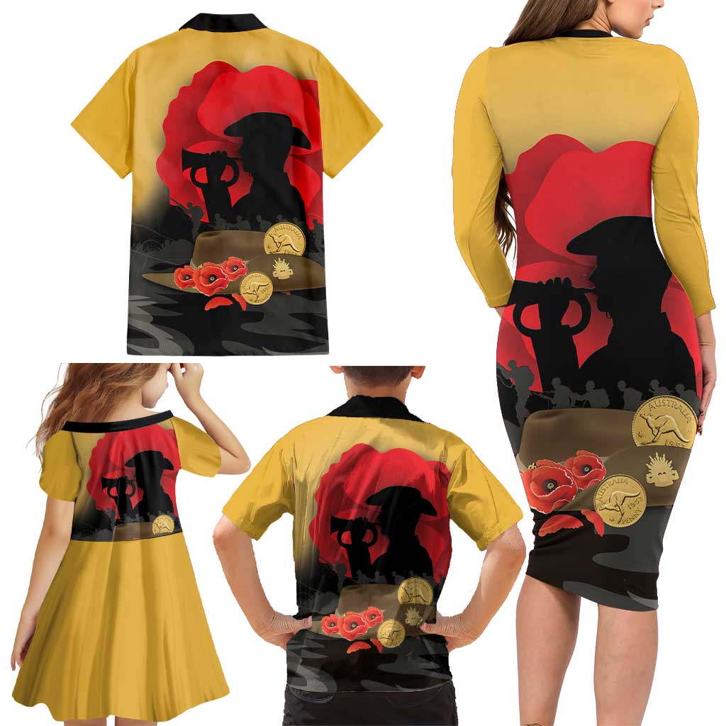 Australia Two-up Pennies ANZAC Day Family Matching Long Sleeve Bodycon Dress and Hawaiian Shirt Slouch Hat Last Post With Poppy