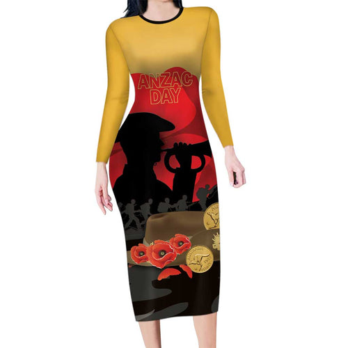 Australia Two-up Pennies ANZAC Day Family Matching Long Sleeve Bodycon Dress and Hawaiian Shirt Slouch Hat Last Post With Poppy