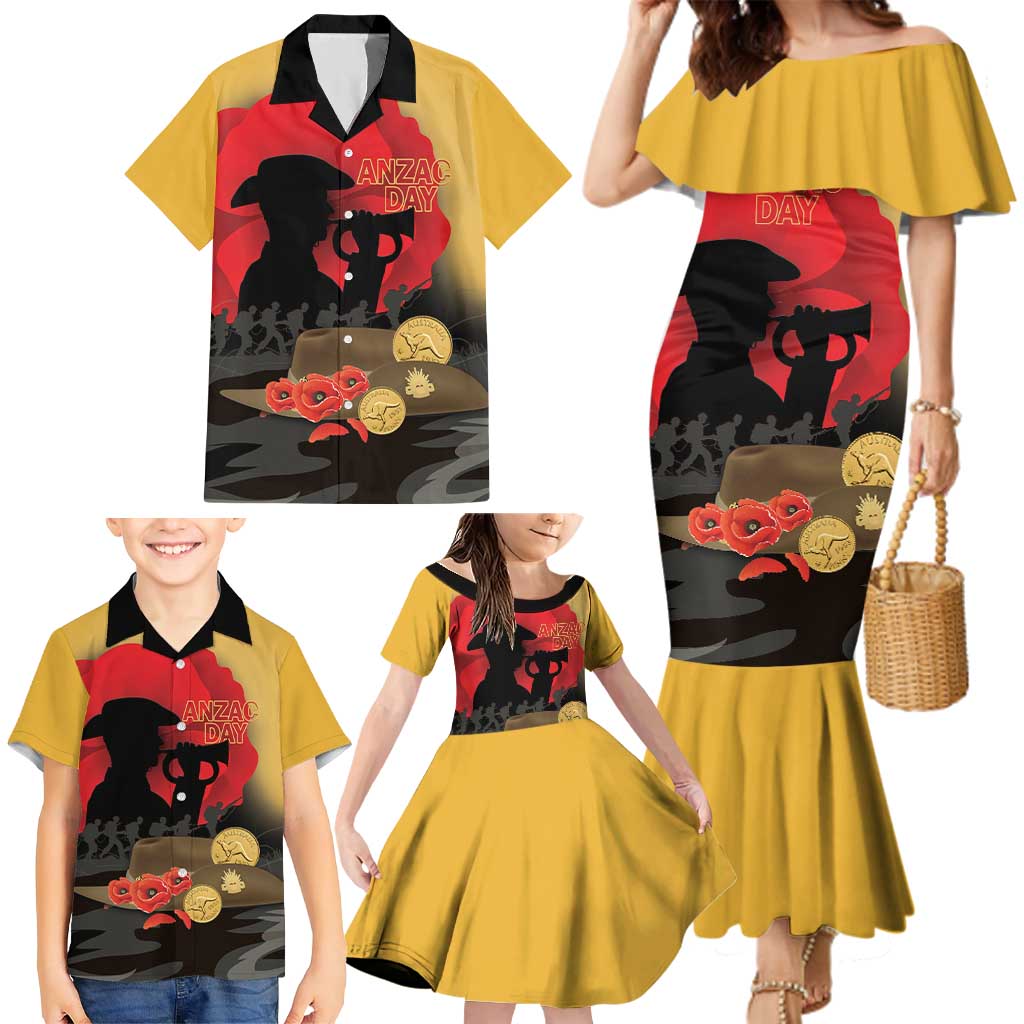 Australia Two-up Pennies ANZAC Day Family Matching Mermaid Dress and Hawaiian Shirt Slouch Hat Last Post With Poppy