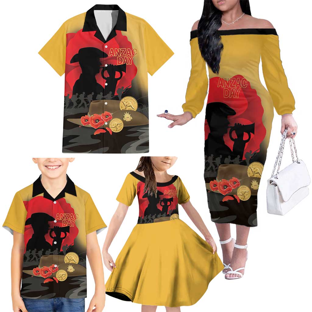 Australia Two-up Pennies ANZAC Day Family Matching Off The Shoulder Long Sleeve Dress and Hawaiian Shirt Slouch Hat Last Post With Poppy