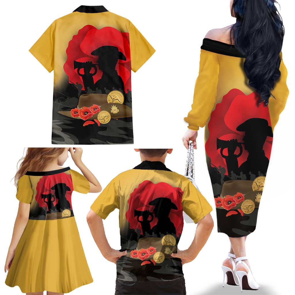 Australia Two-up Pennies ANZAC Day Family Matching Off The Shoulder Long Sleeve Dress and Hawaiian Shirt Slouch Hat Last Post With Poppy