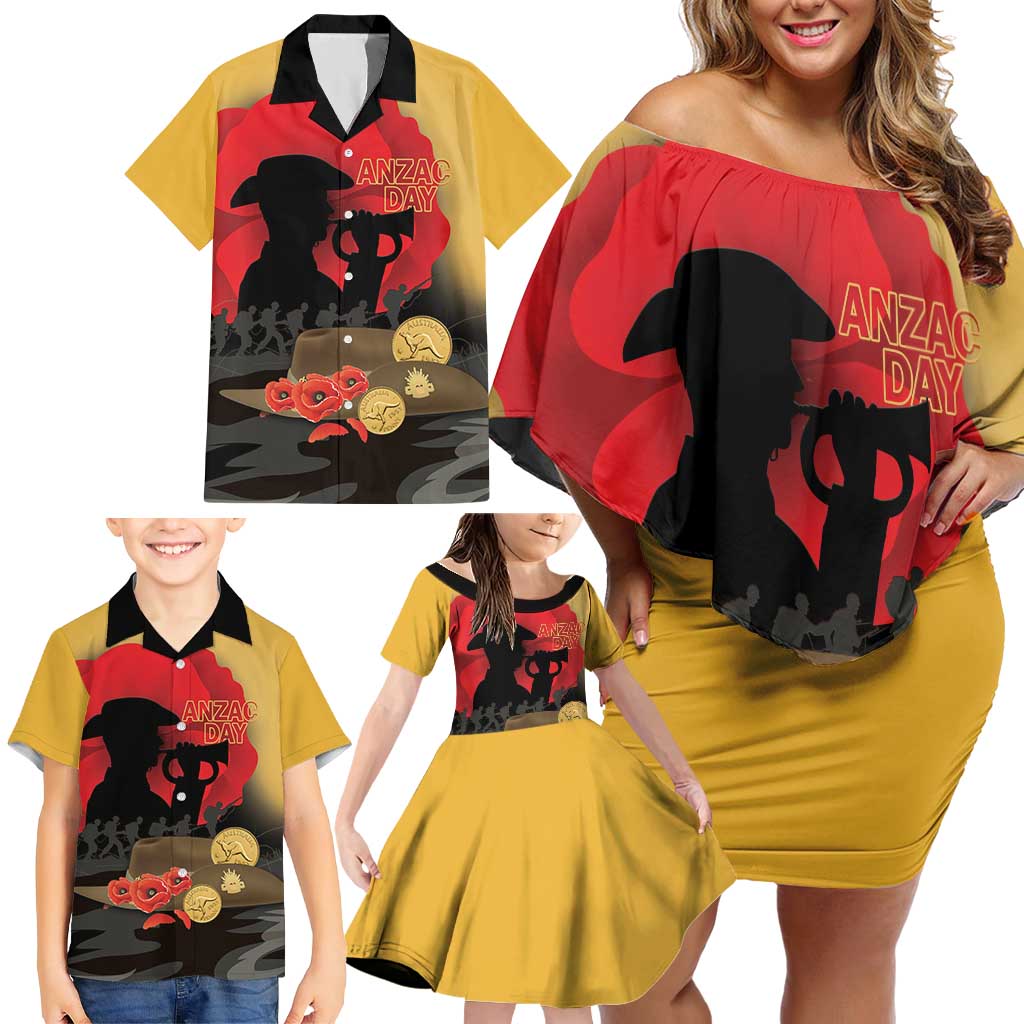 Australia Two-up Pennies ANZAC Day Family Matching Off Shoulder Short Dress and Hawaiian Shirt Slouch Hat Last Post With Poppy