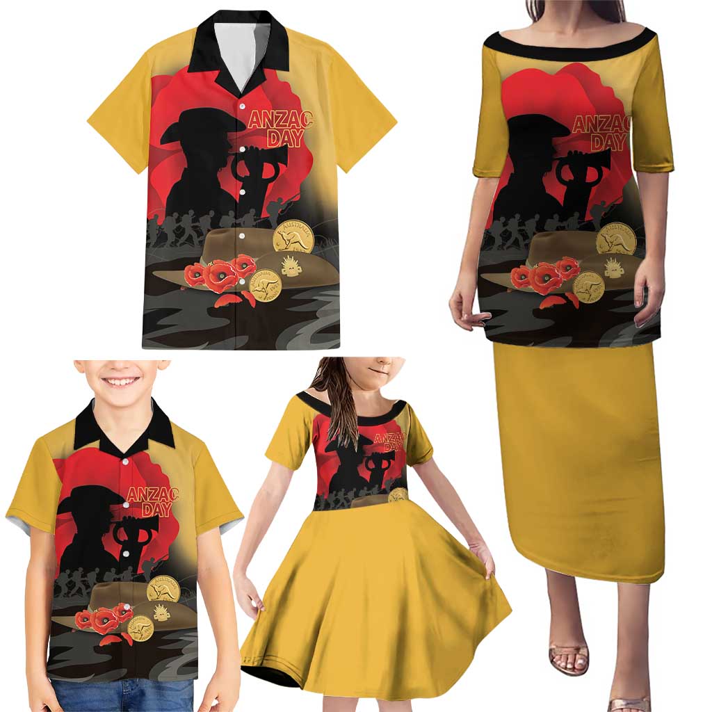 Australia Two-up Pennies ANZAC Day Family Matching Puletasi and Hawaiian Shirt Slouch Hat Last Post With Poppy