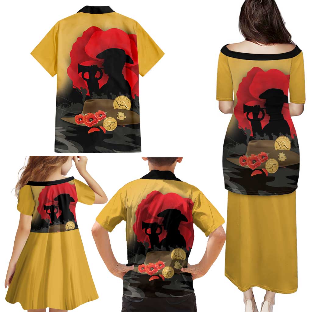 Australia Two-up Pennies ANZAC Day Family Matching Puletasi and Hawaiian Shirt Slouch Hat Last Post With Poppy