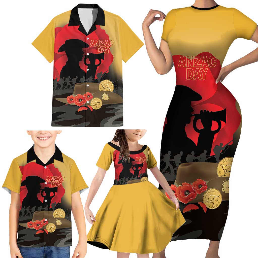 Australia Two-up Pennies ANZAC Day Family Matching Short Sleeve Bodycon Dress and Hawaiian Shirt Slouch Hat Last Post With Poppy