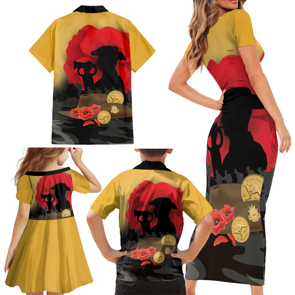 Australia Two-up Pennies ANZAC Day Family Matching Short Sleeve Bodycon Dress and Hawaiian Shirt Slouch Hat Last Post With Poppy