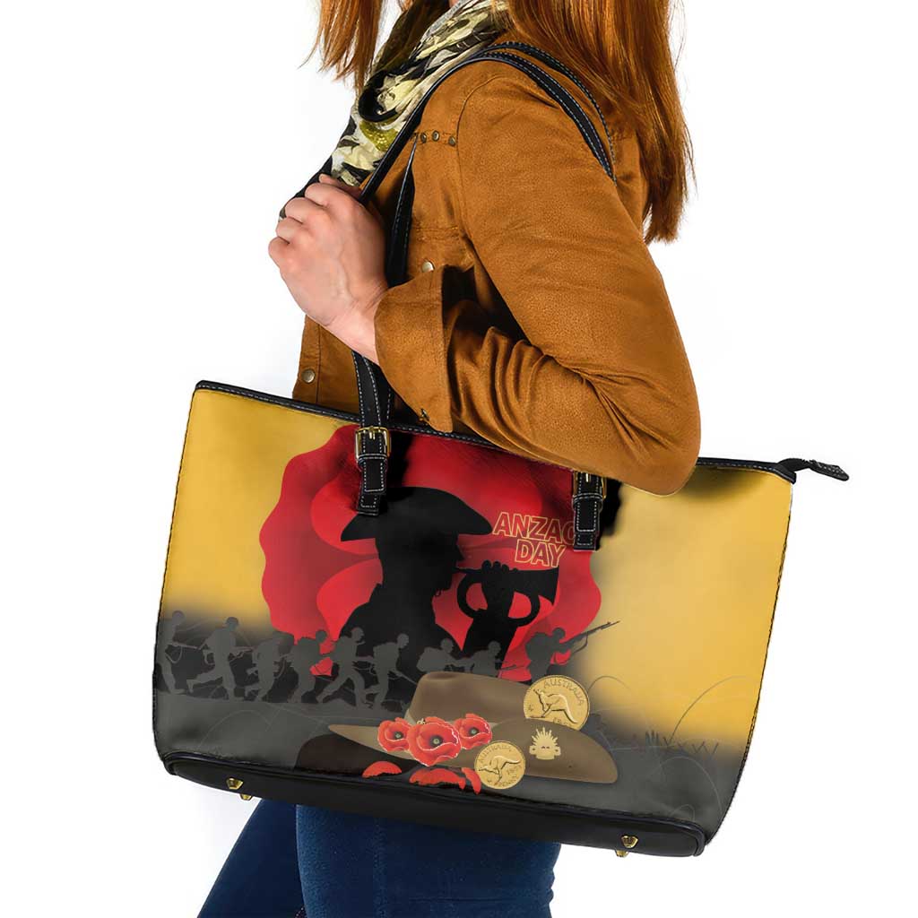 Australia Two-up Pennies ANZAC Day Leather Tote Bag Slouch Hat Last Post With Poppy