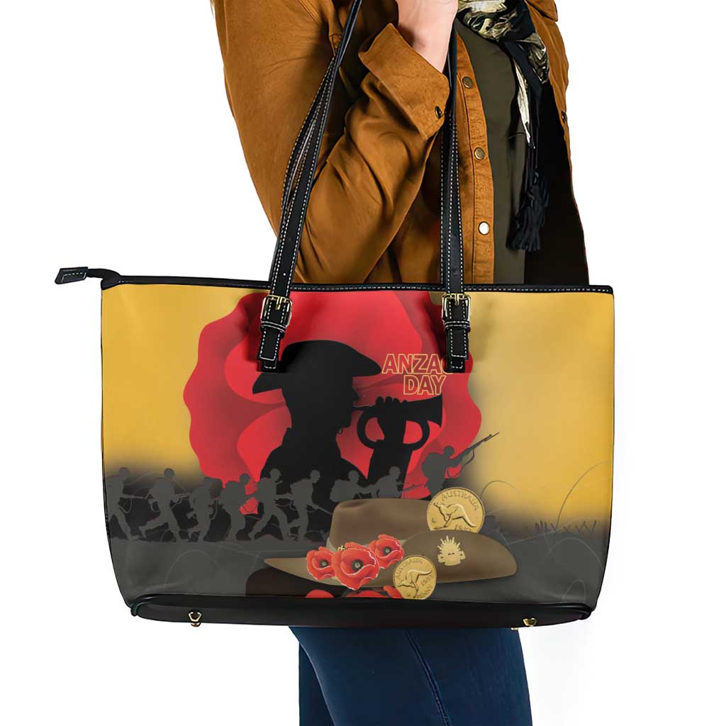 Australia Two-up Pennies ANZAC Day Leather Tote Bag Slouch Hat Last Post With Poppy