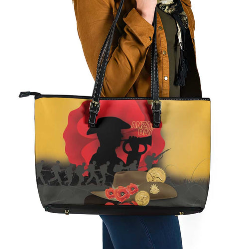 Australia Two-up Pennies ANZAC Day Leather Tote Bag Slouch Hat Last Post With Poppy