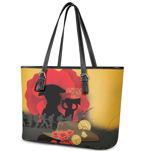 Australia Two-up Pennies ANZAC Day Leather Tote Bag Slouch Hat Last Post With Poppy