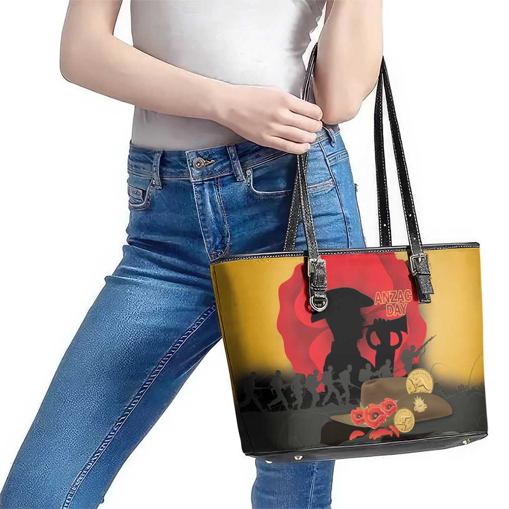 Australia Two-up Pennies ANZAC Day Leather Tote Bag Slouch Hat Last Post With Poppy