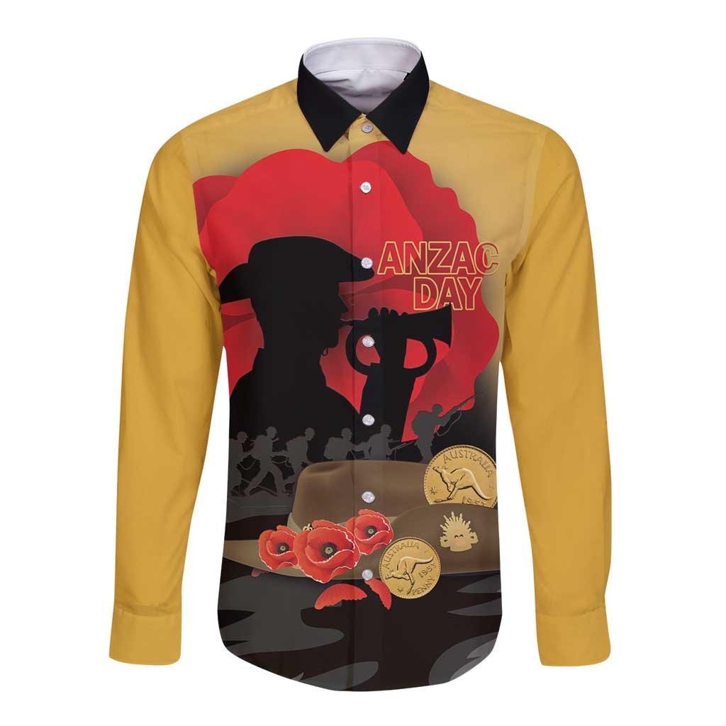 Australia Two-up Pennies ANZAC Day Long Sleeve Button Shirt Slouch Hat Last Post With Poppy