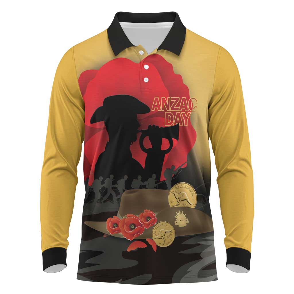 Australia Two-up Pennies ANZAC Day Long Sleeve Polo Shirt Slouch Hat Last Post With Poppy