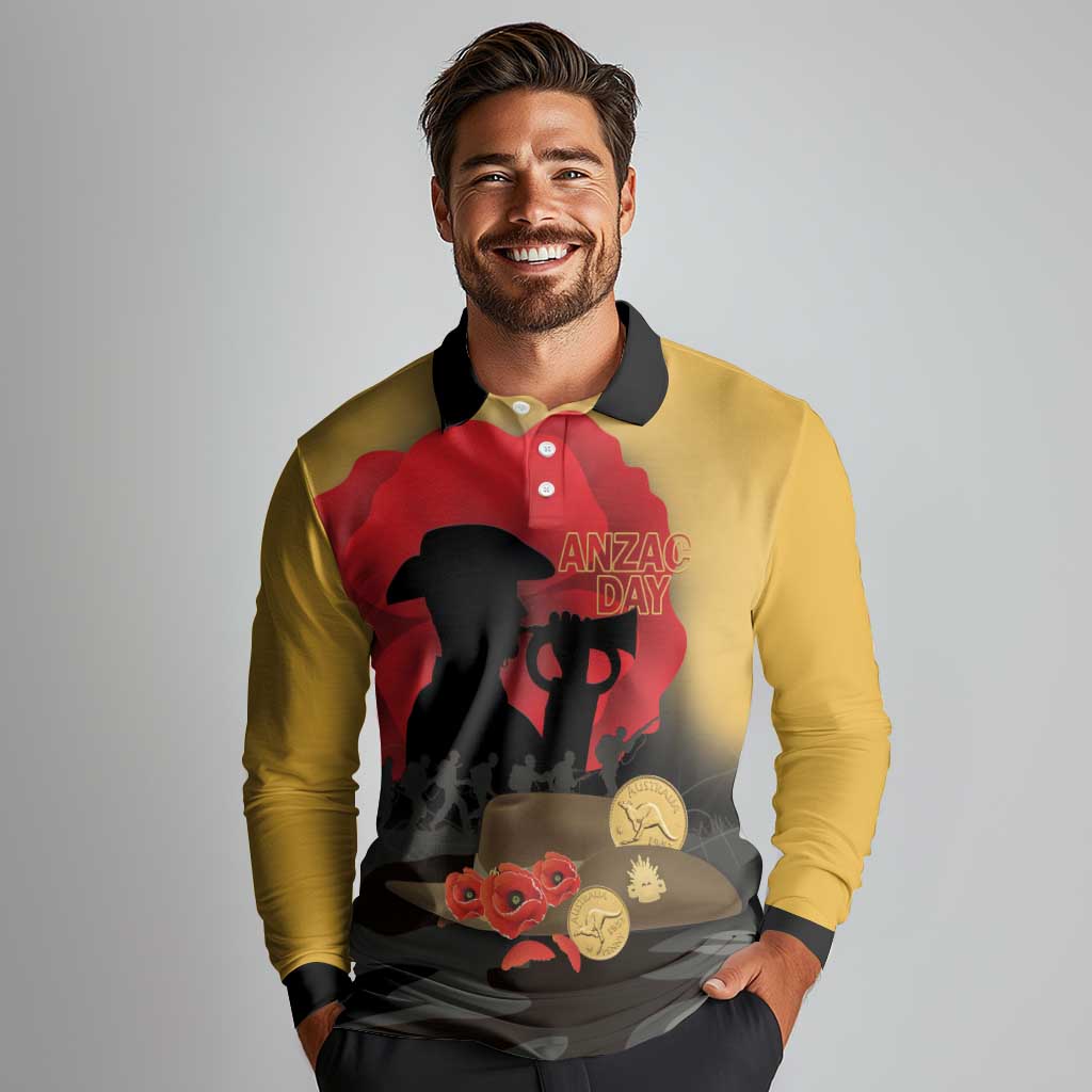 Australia Two-up Pennies ANZAC Day Long Sleeve Polo Shirt Slouch Hat Last Post With Poppy