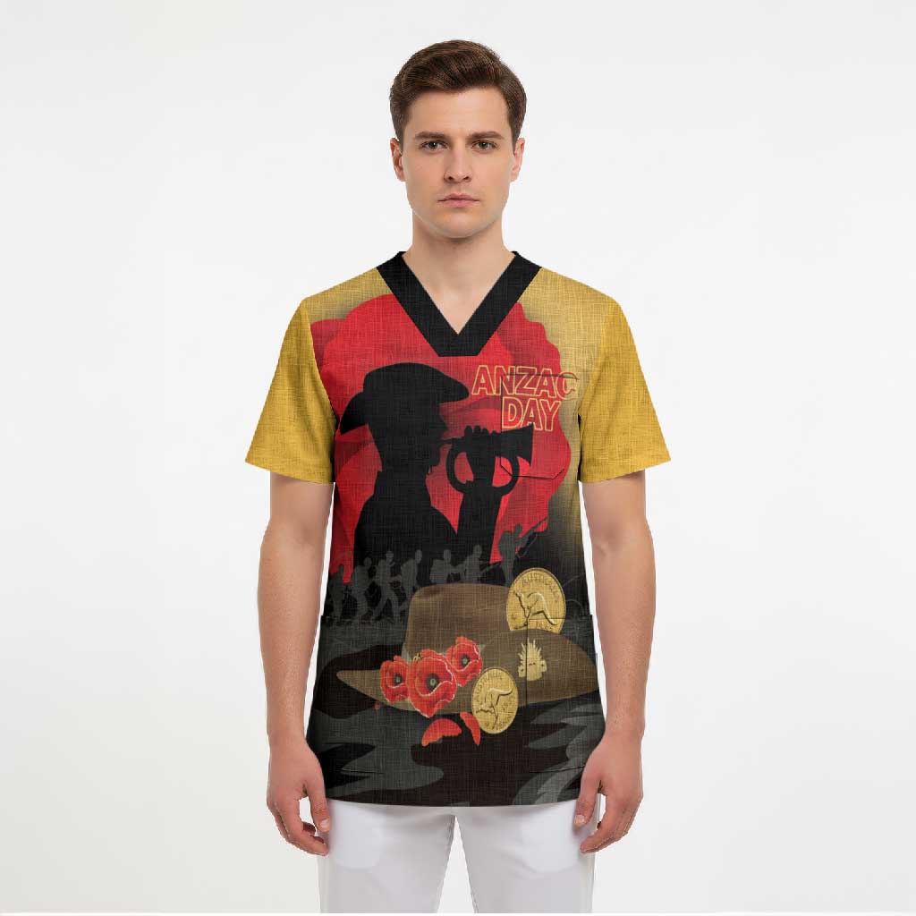 Australia Two-up Pennies ANZAC Day Scrub Top Slouch Hat Last Post With Poppy