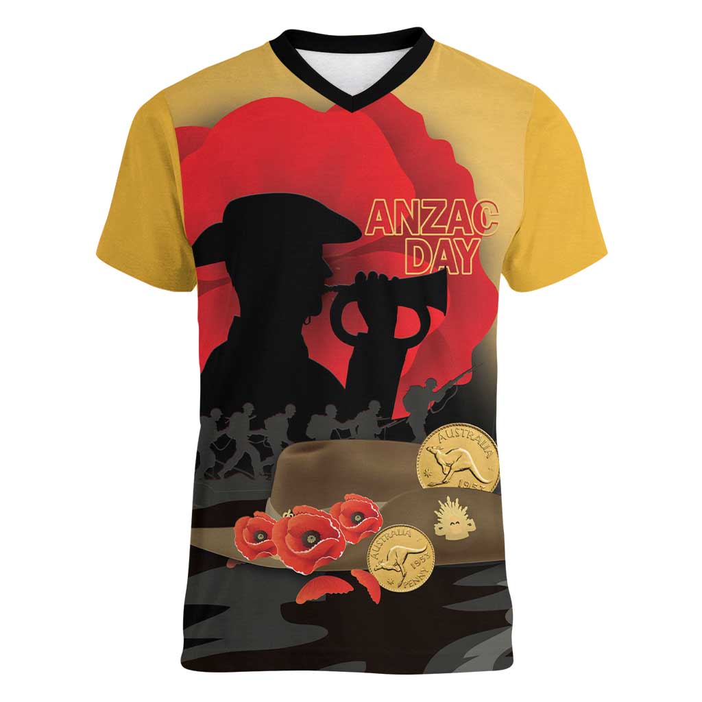 Australia Two-up Pennies ANZAC Day Women V-Neck T-Shirt Slouch Hat Last Post With Poppy
